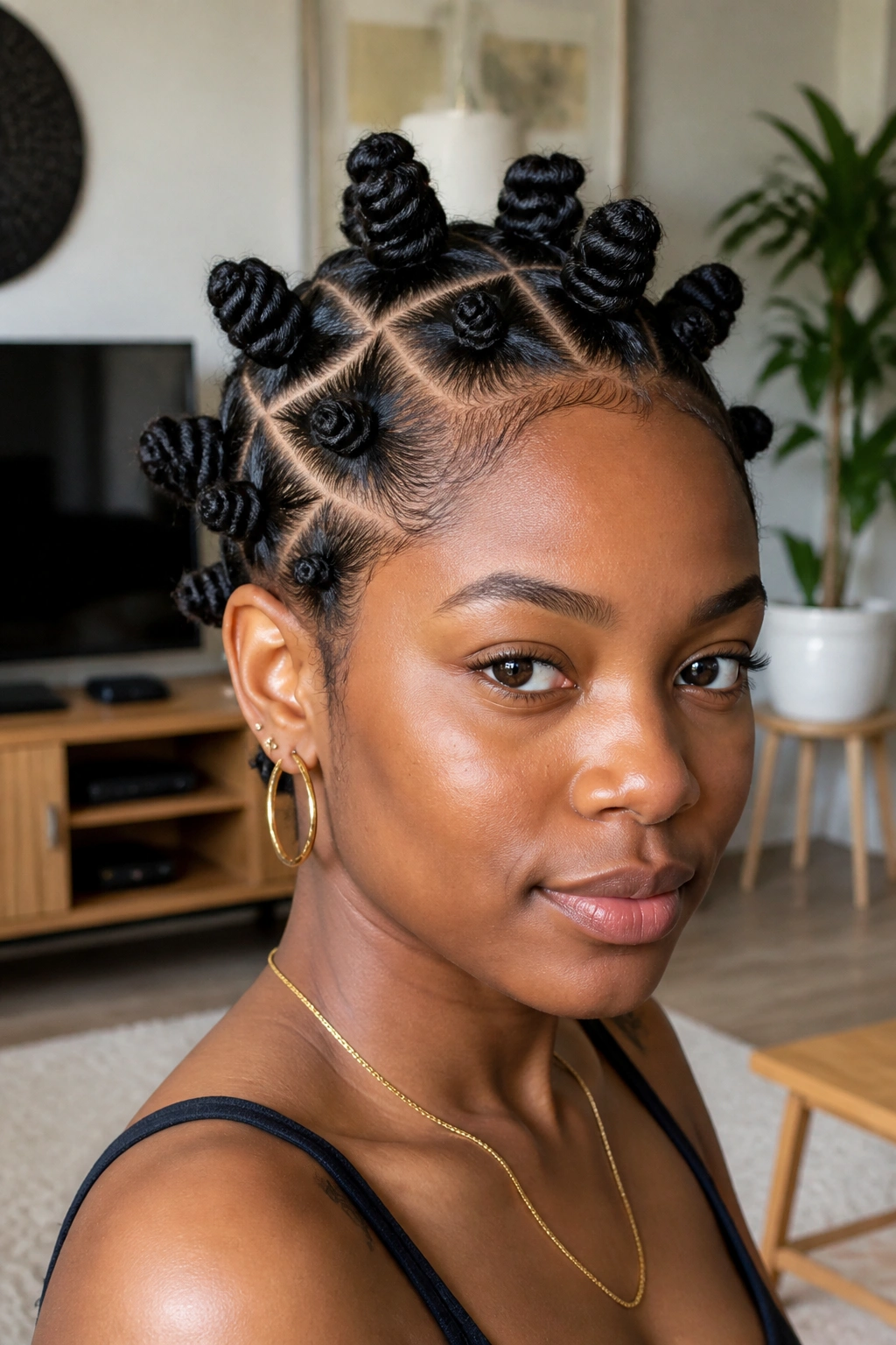 Close-up of a real woman with neat Bantu knots