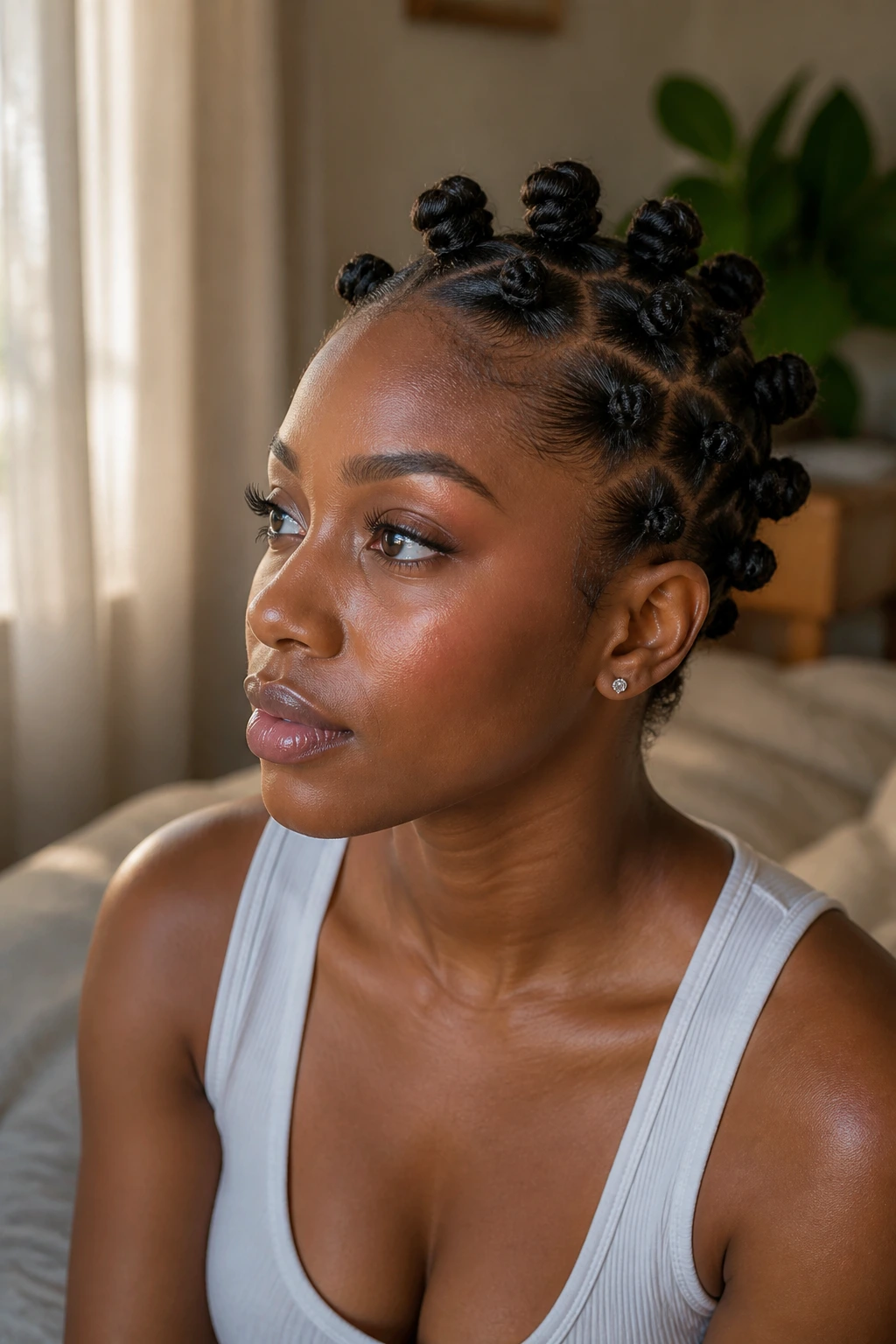 Close-up of a real woman with tiny bantu knots on her crown