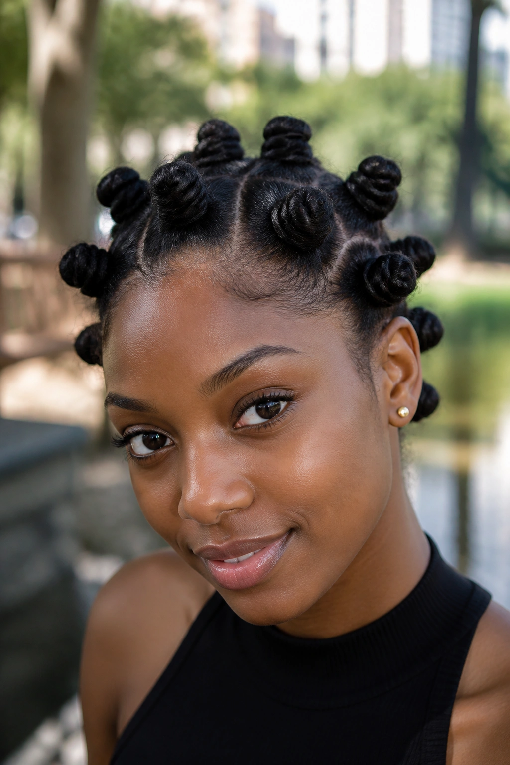 Top-front portrait of a real woman with sculptural bantu knots