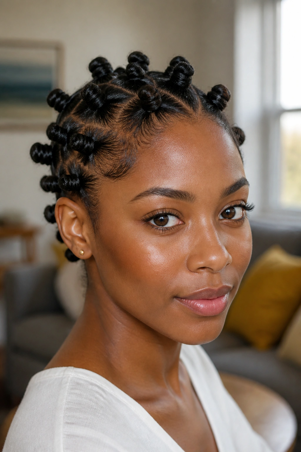 Close-up of a real woman with neat small bantu knots on short 4C hair