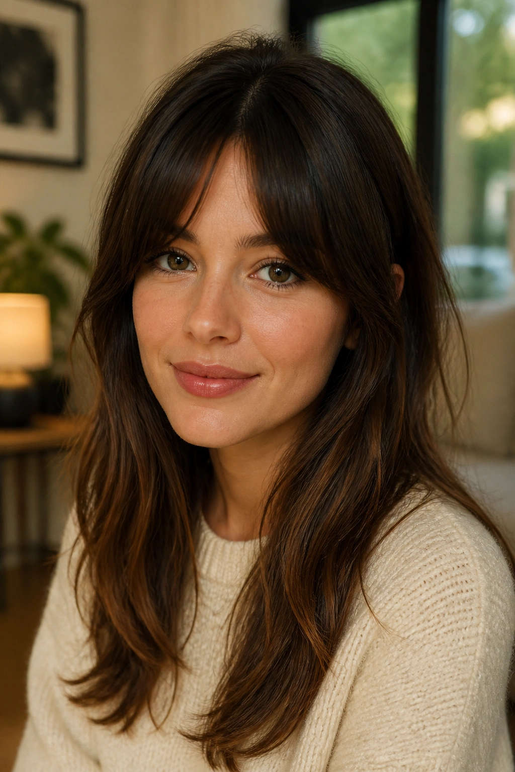 Close-up portrait of a real woman with Bardot bangs and a deep center part in brunette hair