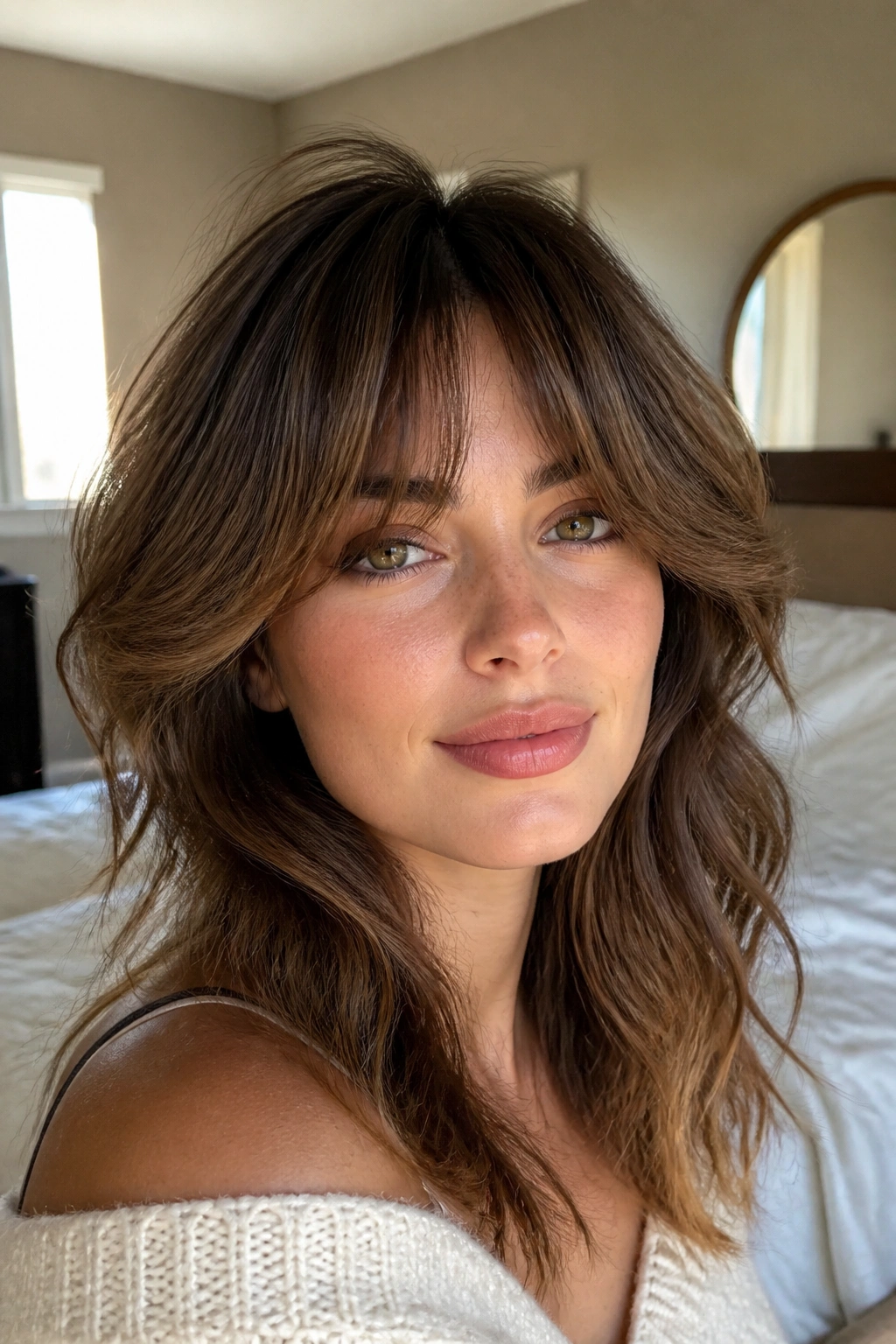 Close-up portrait of a real woman with feathered Bardot bangs in a sunlit bedroom