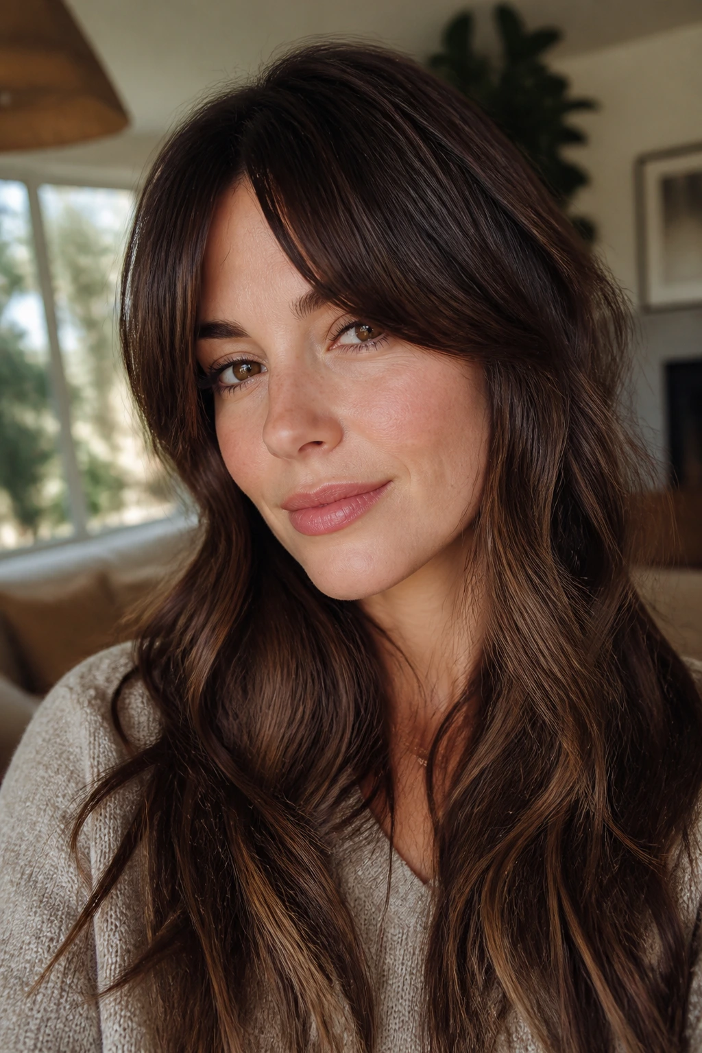 Real woman with Bardot bangs and long wavy brunette hair