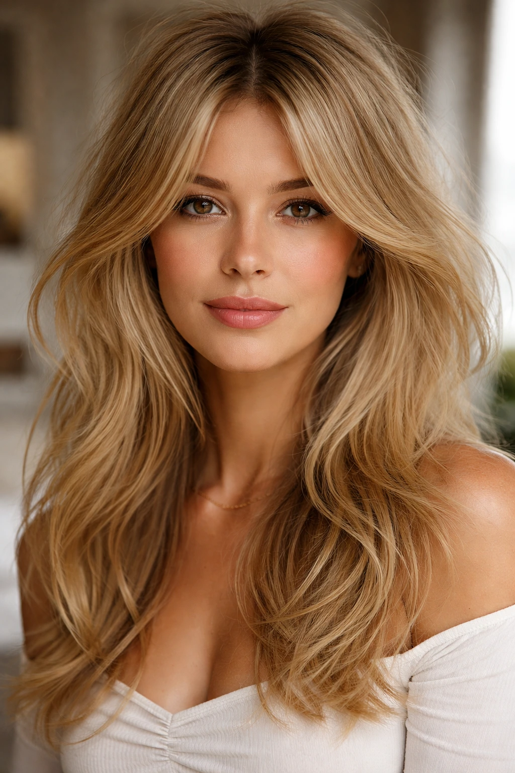 Portrait of a real woman with Bardot-inspired center-part and wind-swept fringe