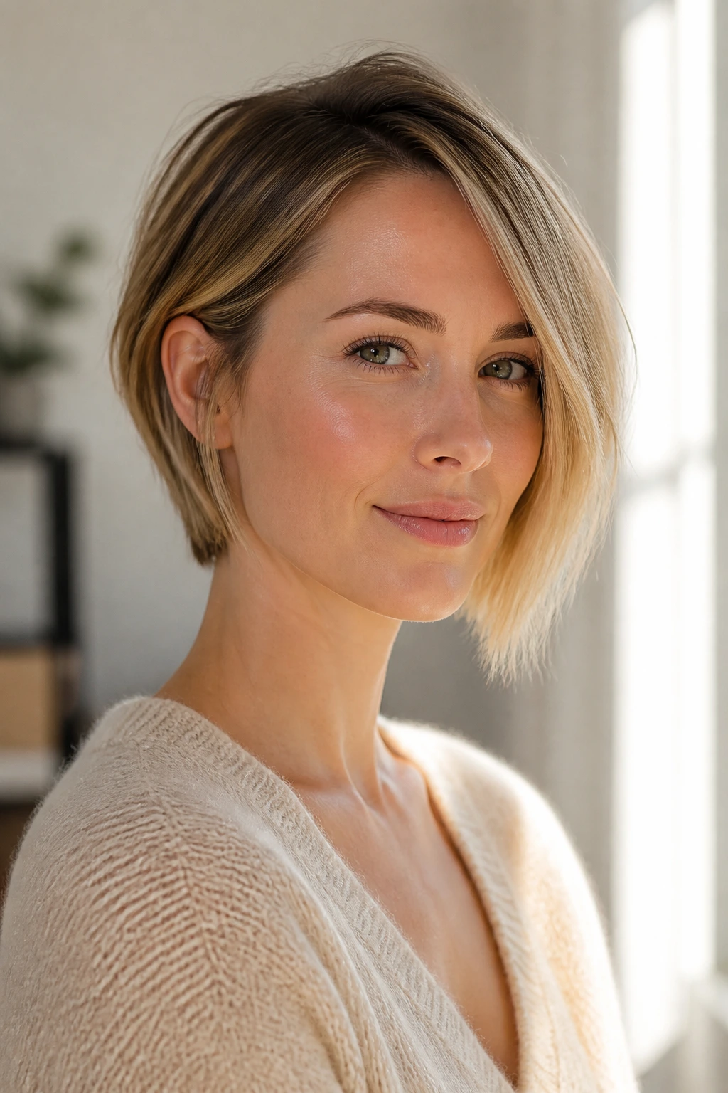 Close-up of real woman with barely-there asymmetrical bob in soft morning light