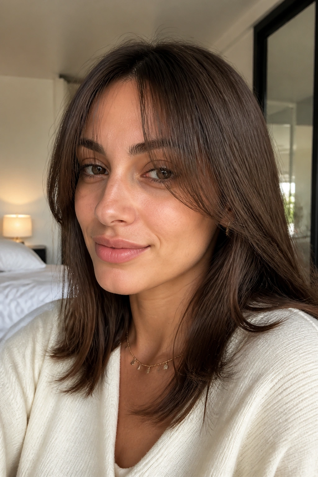 Close-up portrait of a real woman with barely-there curtain bangs.