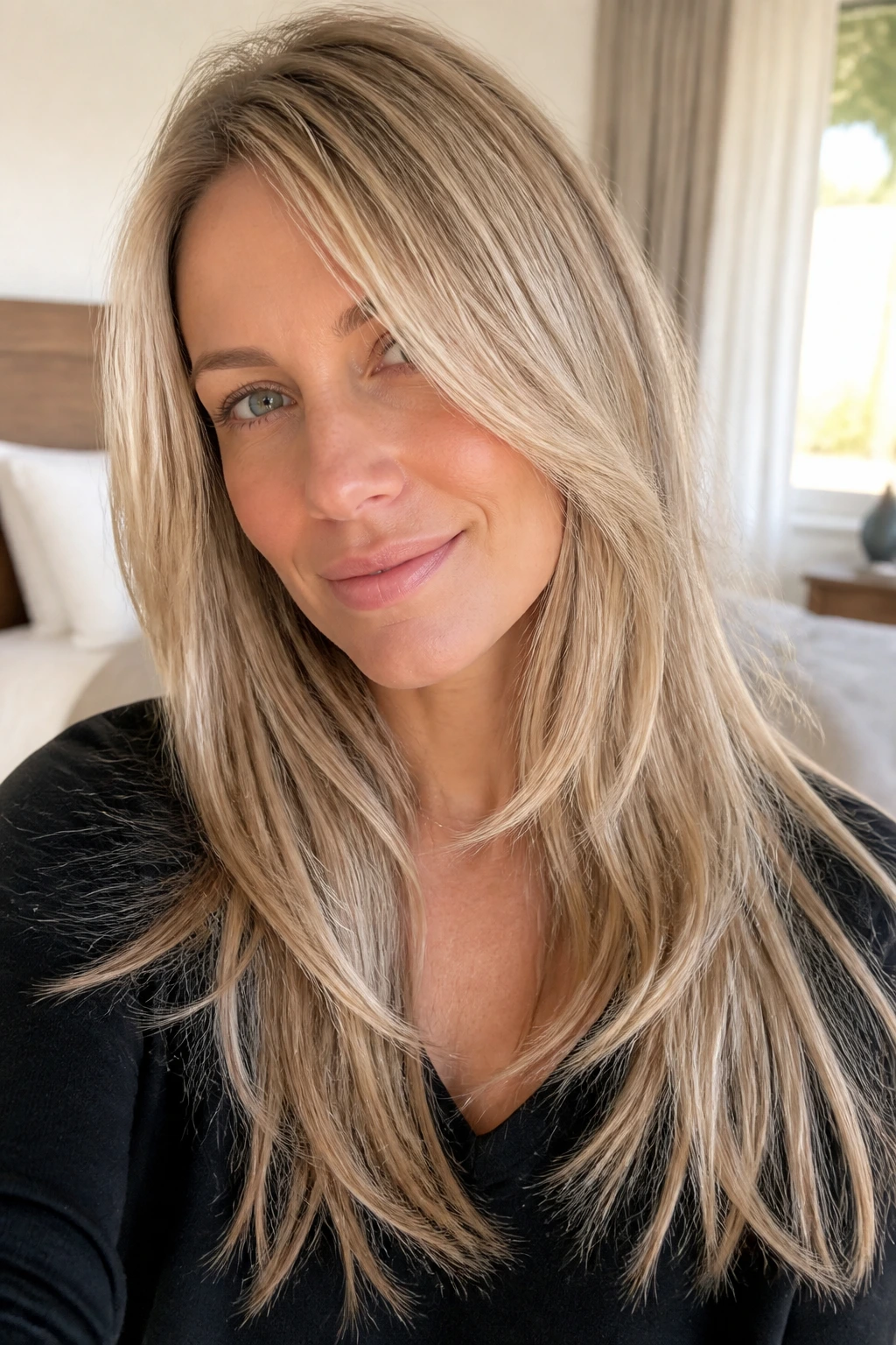 Close-up of a real woman with barely-there layers on fine hair in blonde with subtle highlights