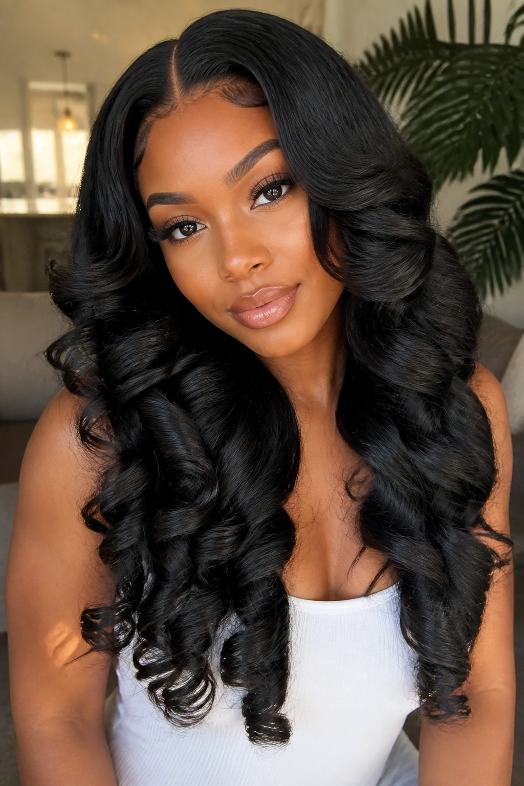 Close-up portrait of a real woman with long sew-in curled into barrel curls.