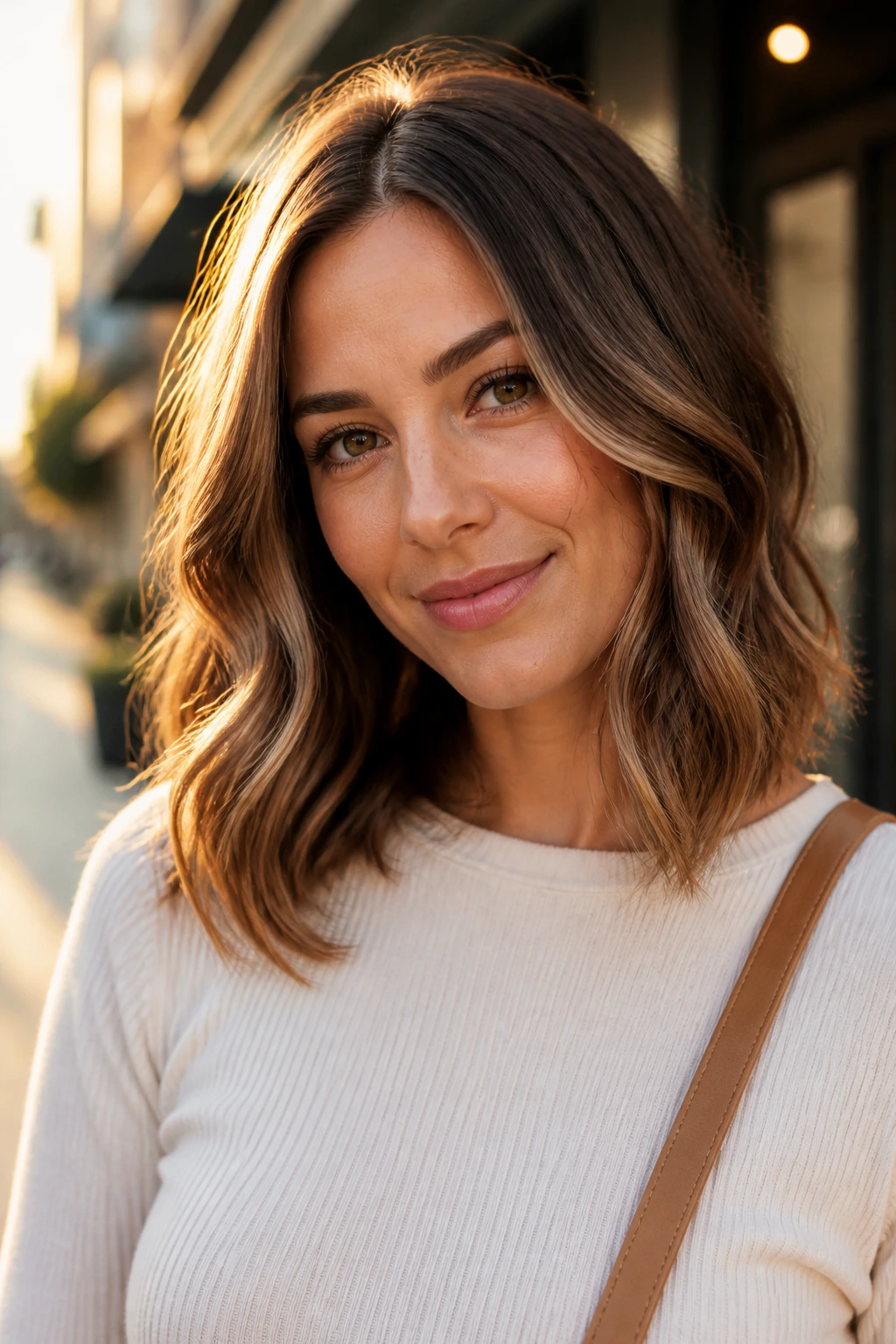 Close-up of a woman with soft barrel curls and straight ends