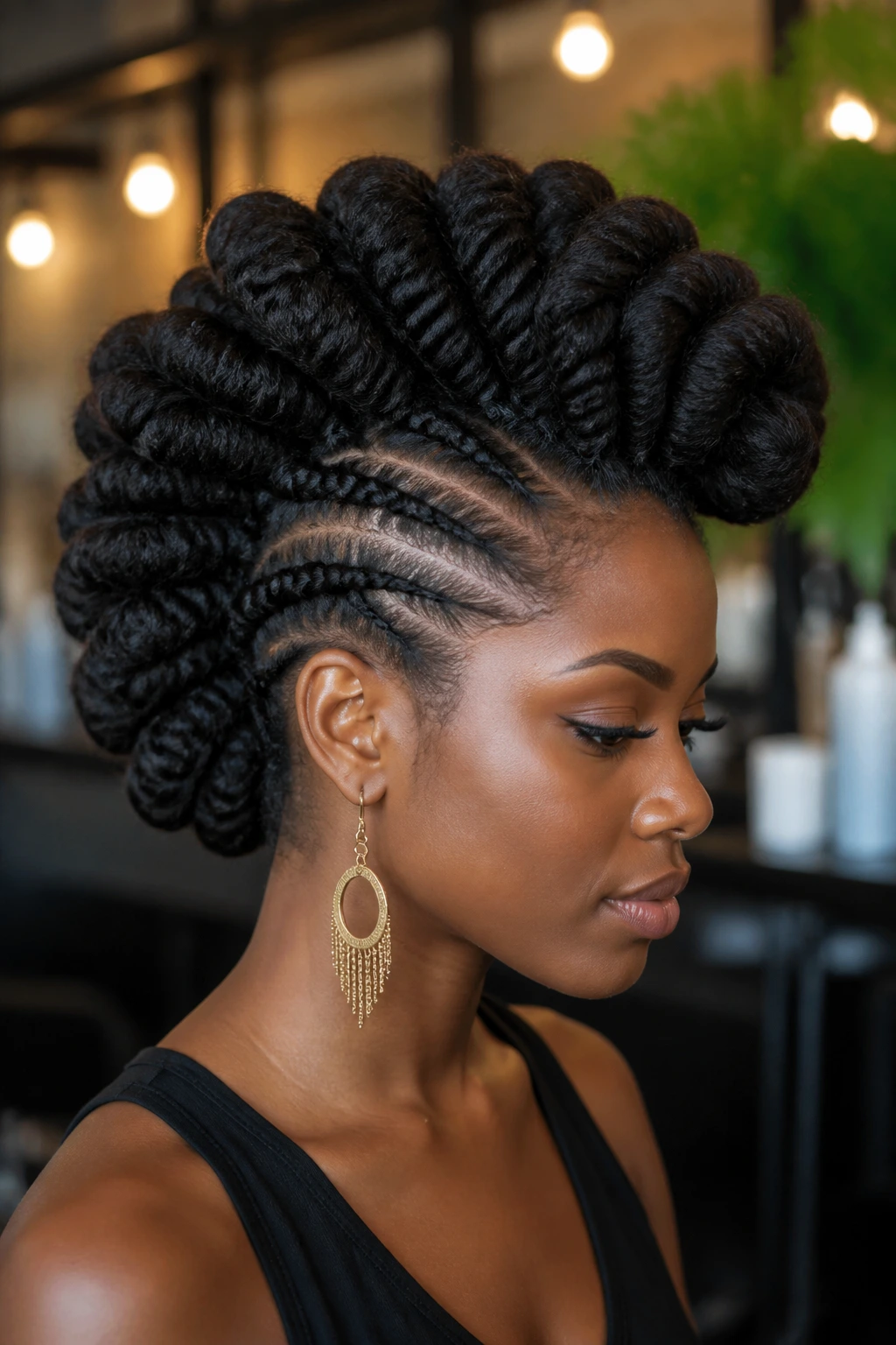 Real person with big barrel twist mohawk in salon