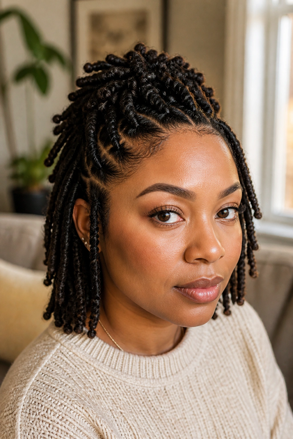 Close-up of a real woman with barrel-twisted crown locs lifting the crown and framing the face.