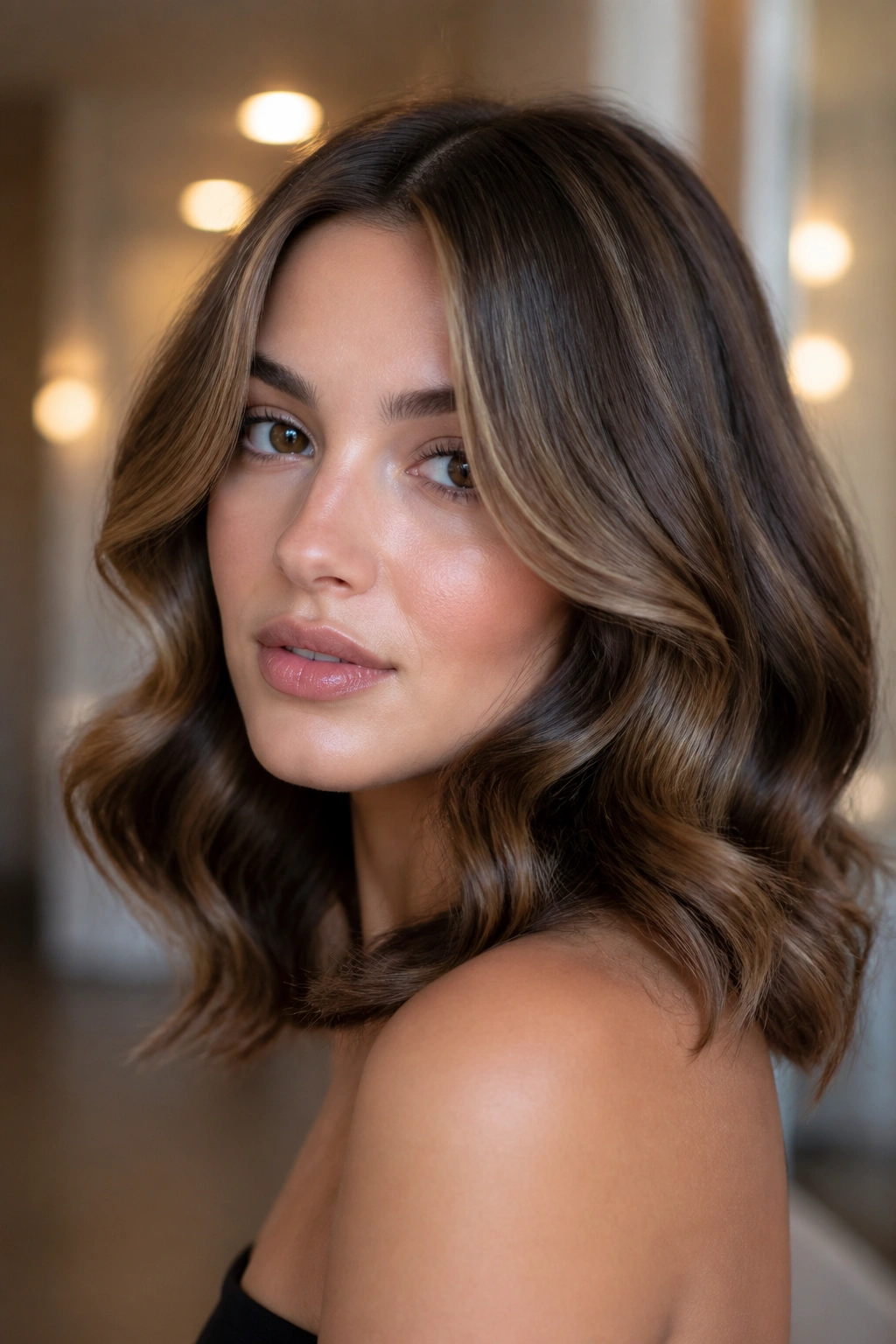 Close-up of a woman with brushed-out barrel waves and satin finish