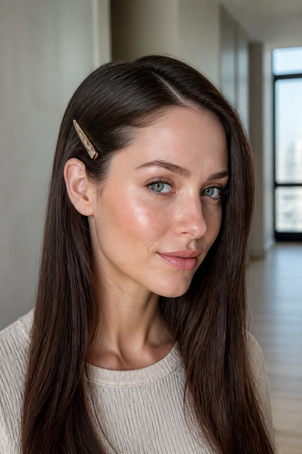 Real woman with barrette-backed sides and straight hair in daylight