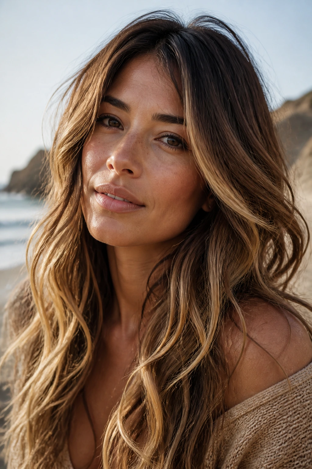 Portrait of a woman with long layered bronde hair at the beach