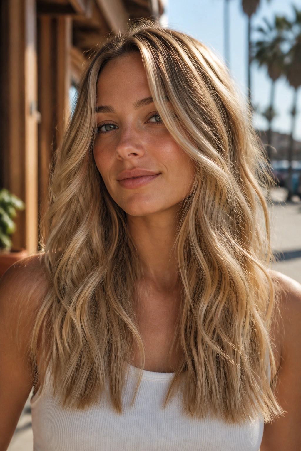 Close-up of a real woman with beach-wave layers and a blunt perimeter in warm blonde balayage.