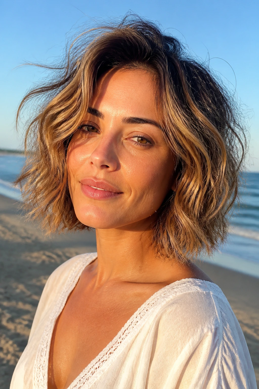 Real woman with beachy waves and mid-length layers on a sunny beach.