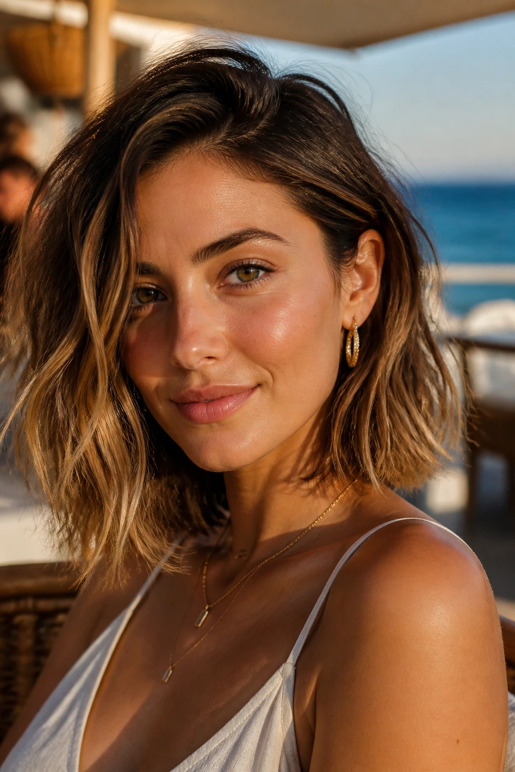 Close-up of a real woman with Beach-Wave Lob and a tucked side behind the ear in golden hour light