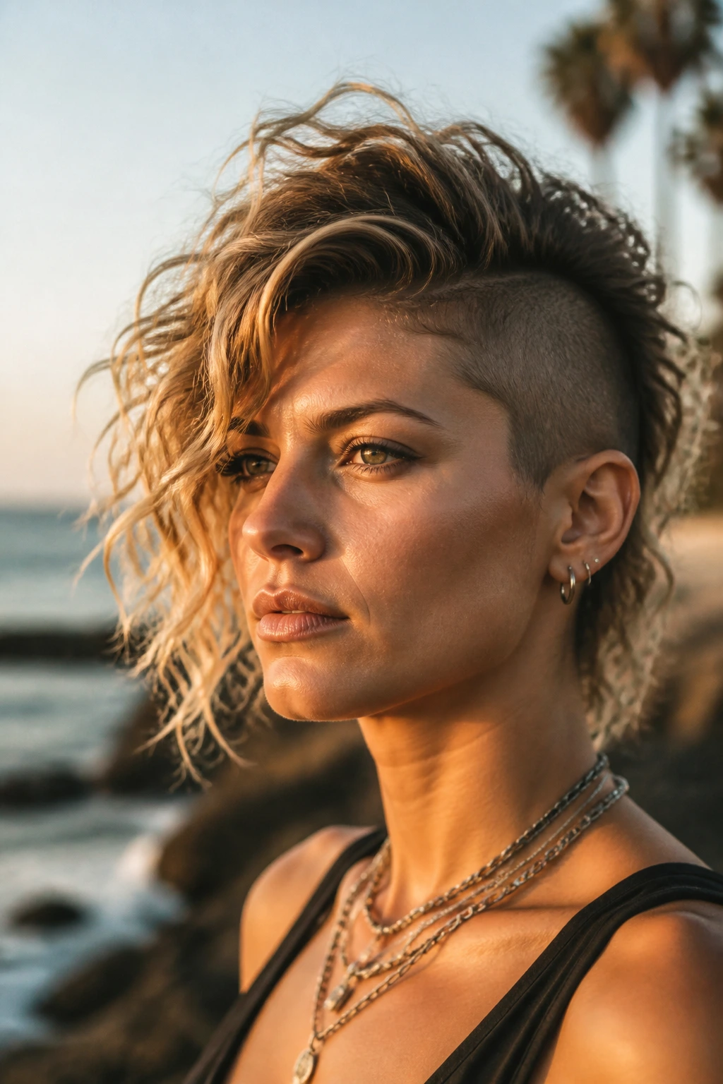 Close-up portrait of a real person with a beach wave textured Mohawk.
