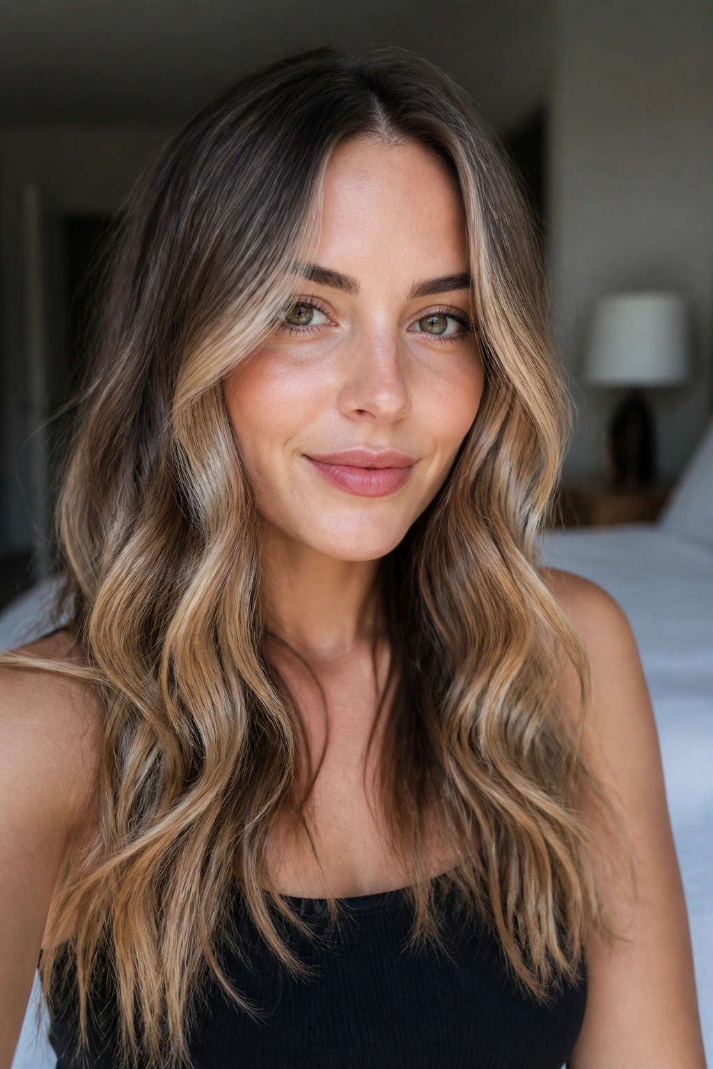 Close-up of a real woman with beachy waves and face-framing pieces in warm window light
