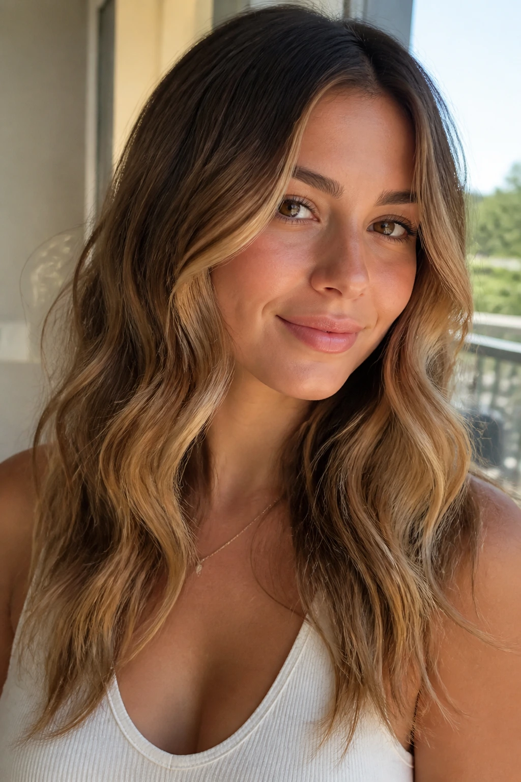 Real woman with beachy waves and face-framing pieces