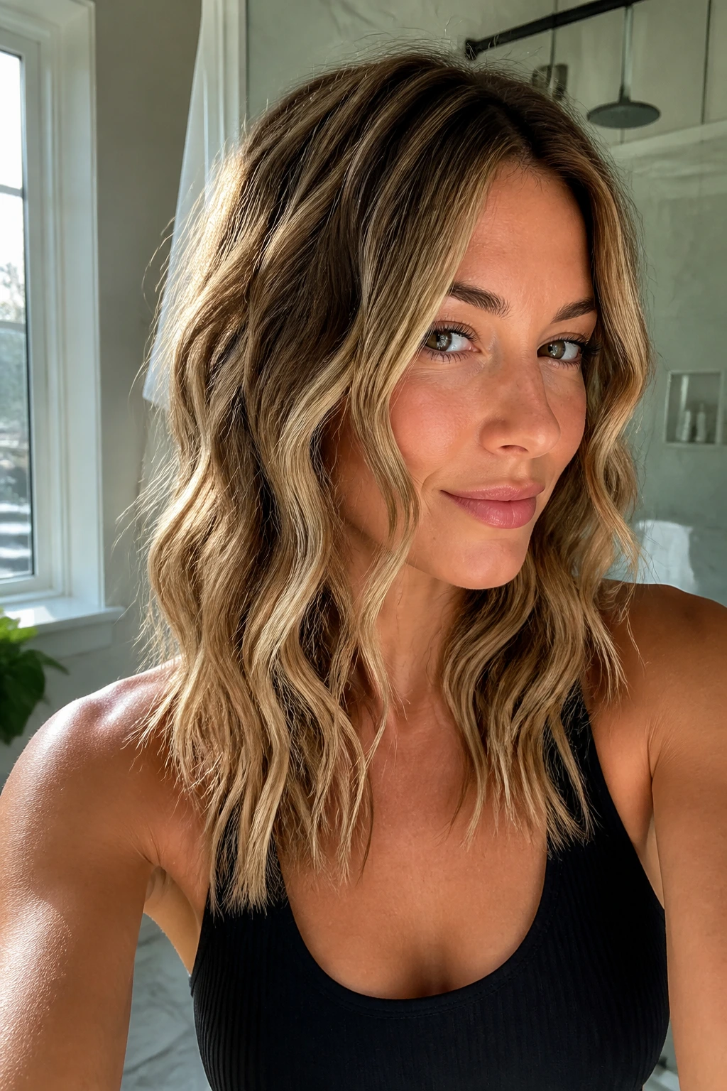Close-up of a real woman with beachy waves created by a flat-iron bend