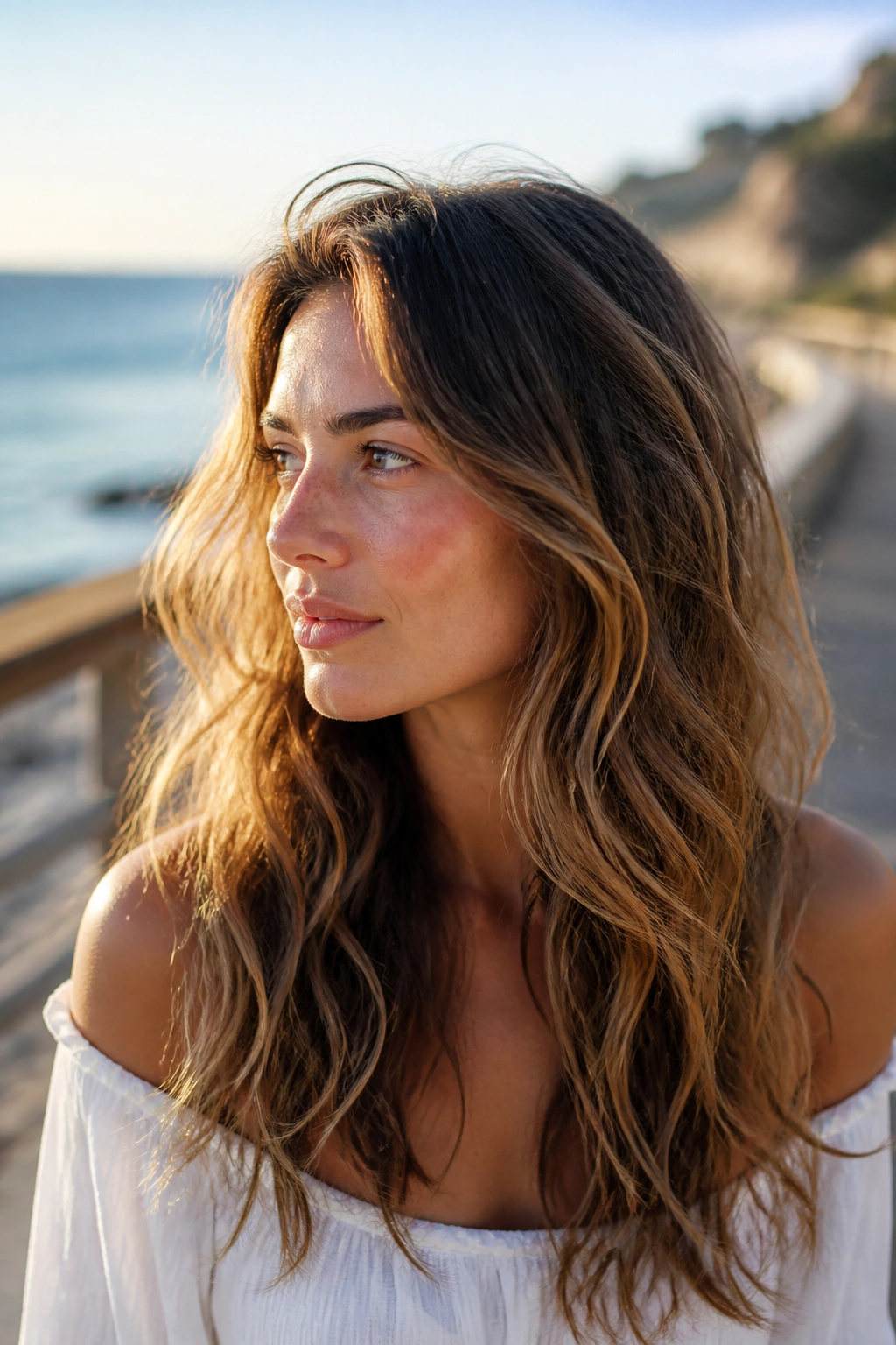 Real woman with beach waves and invisible long layers near the seaside