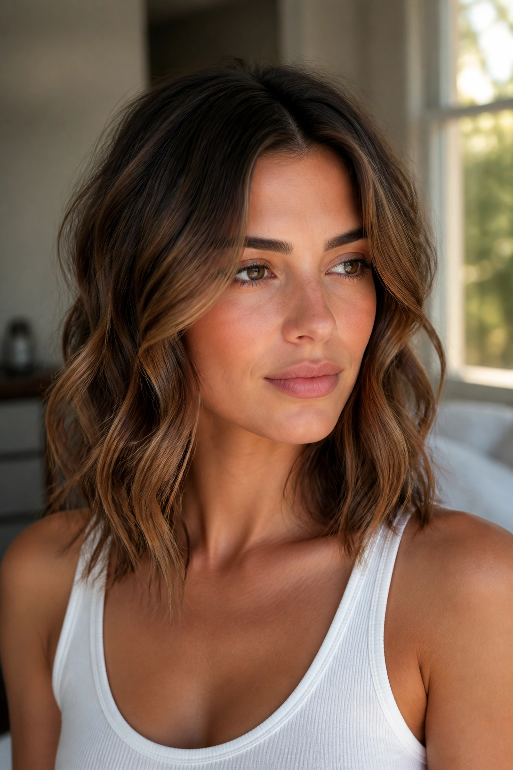 Close-up portrait of a real woman with polished beach waves on mid-length hair in natural window light