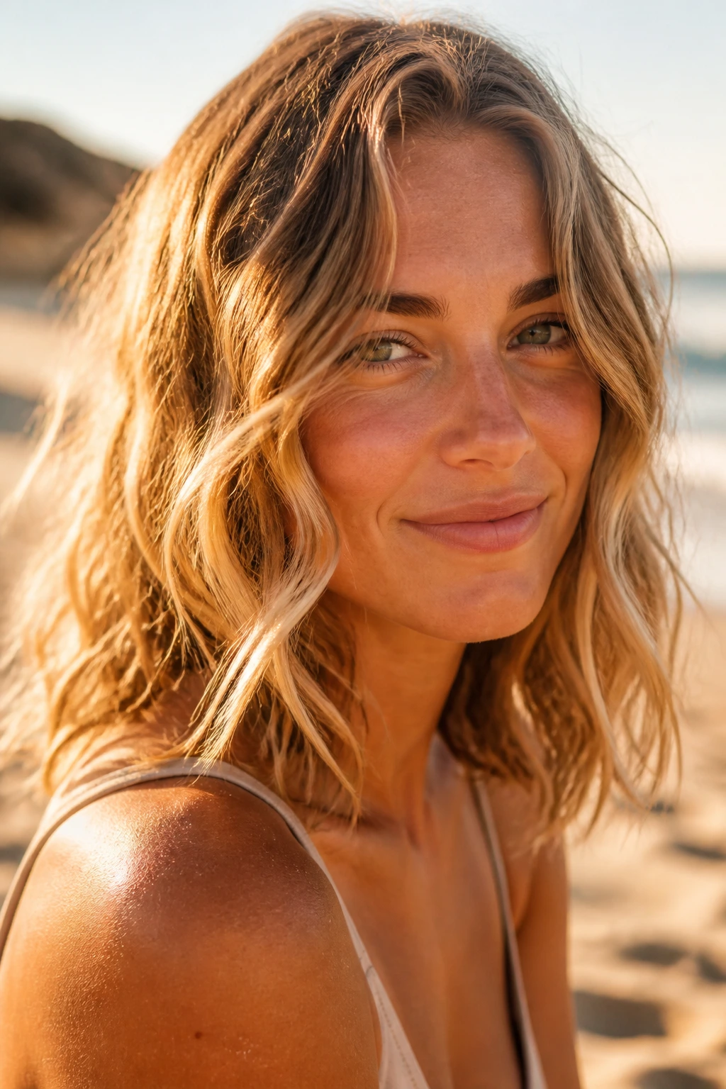 Close-up of a real woman with beachy, touchable waves