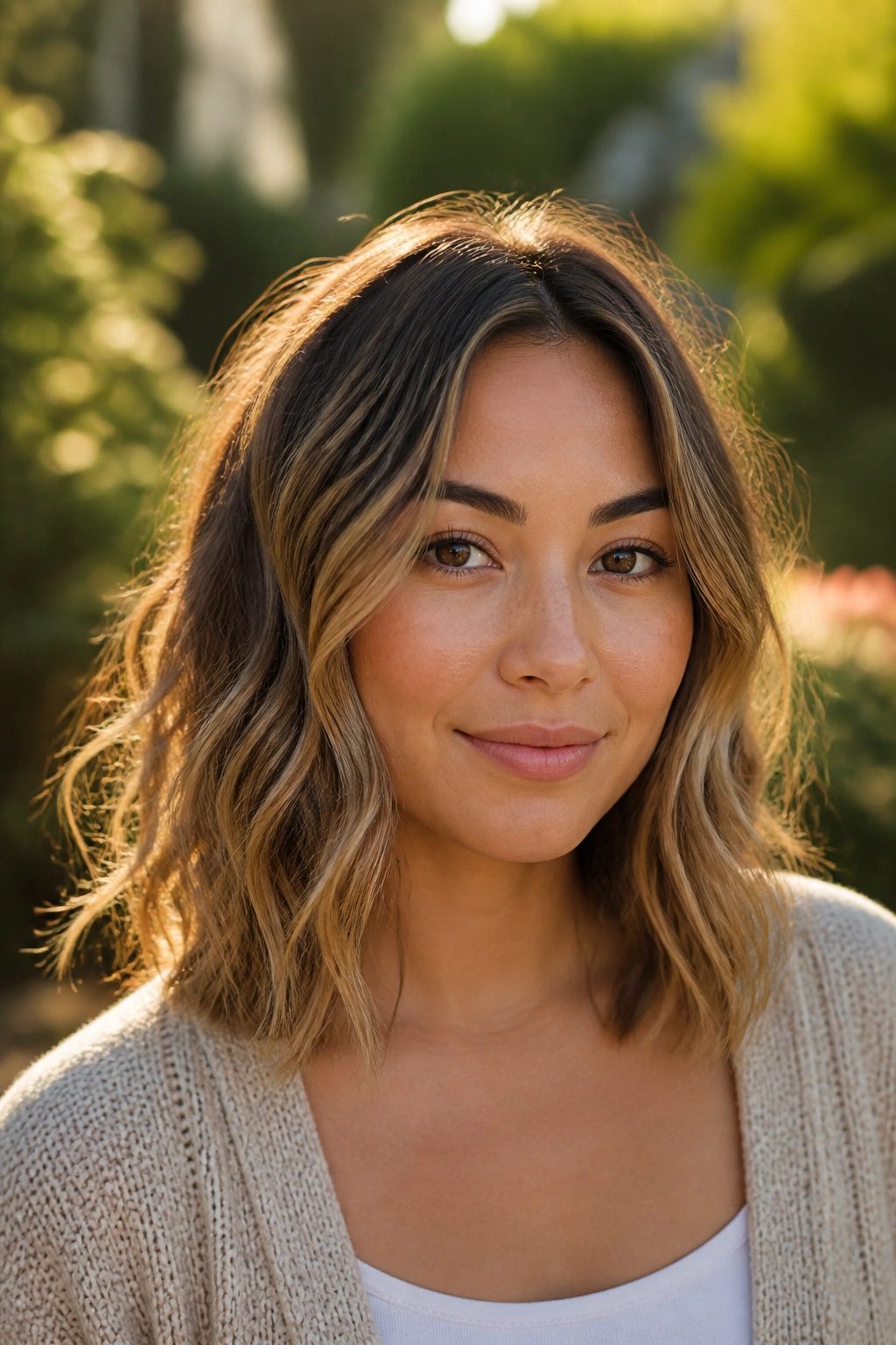 Close-up of a real person with shoulder-length beach waves in golden hour sunlight