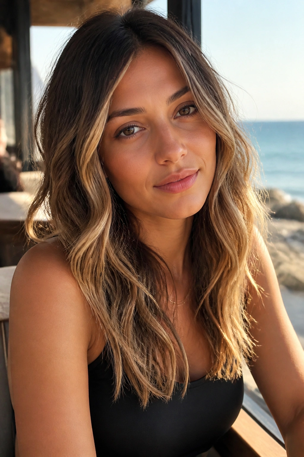Close-up of a real woman with beach waves and sleeker ends in warm outdoor light