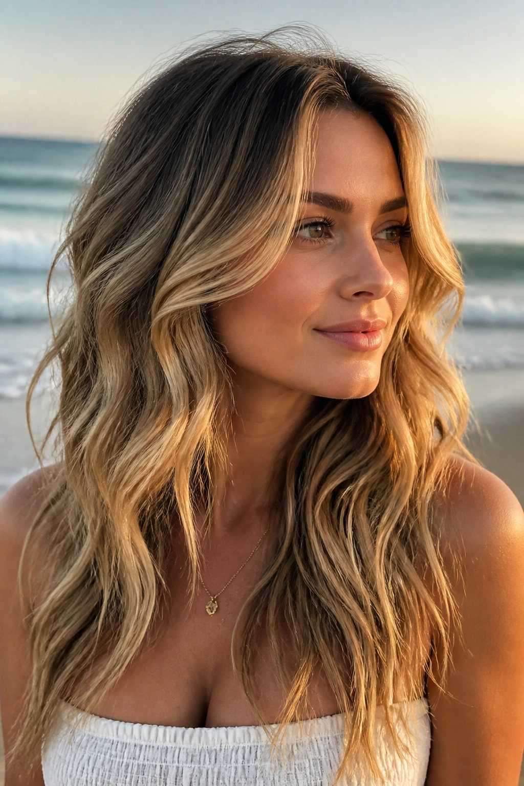 Close-up of a real woman with beach waves and face-framing layers for a round face, blonde balayage in golden hour light