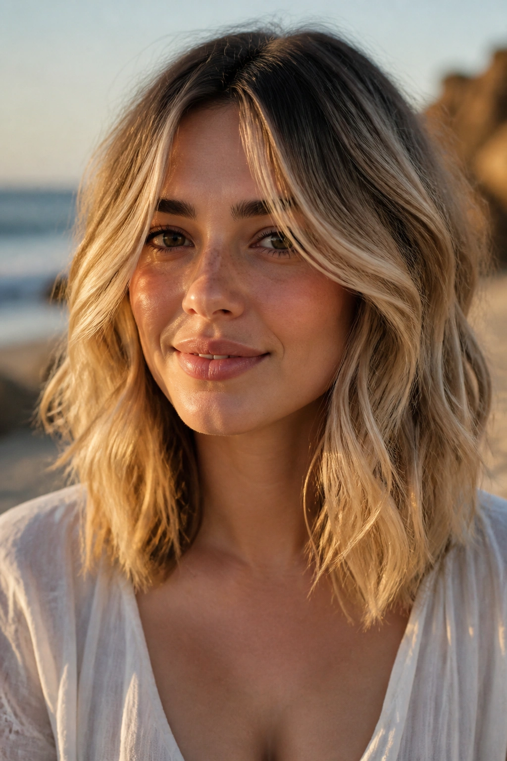 Portrait of a woman with beachy balayage shag and loose waves