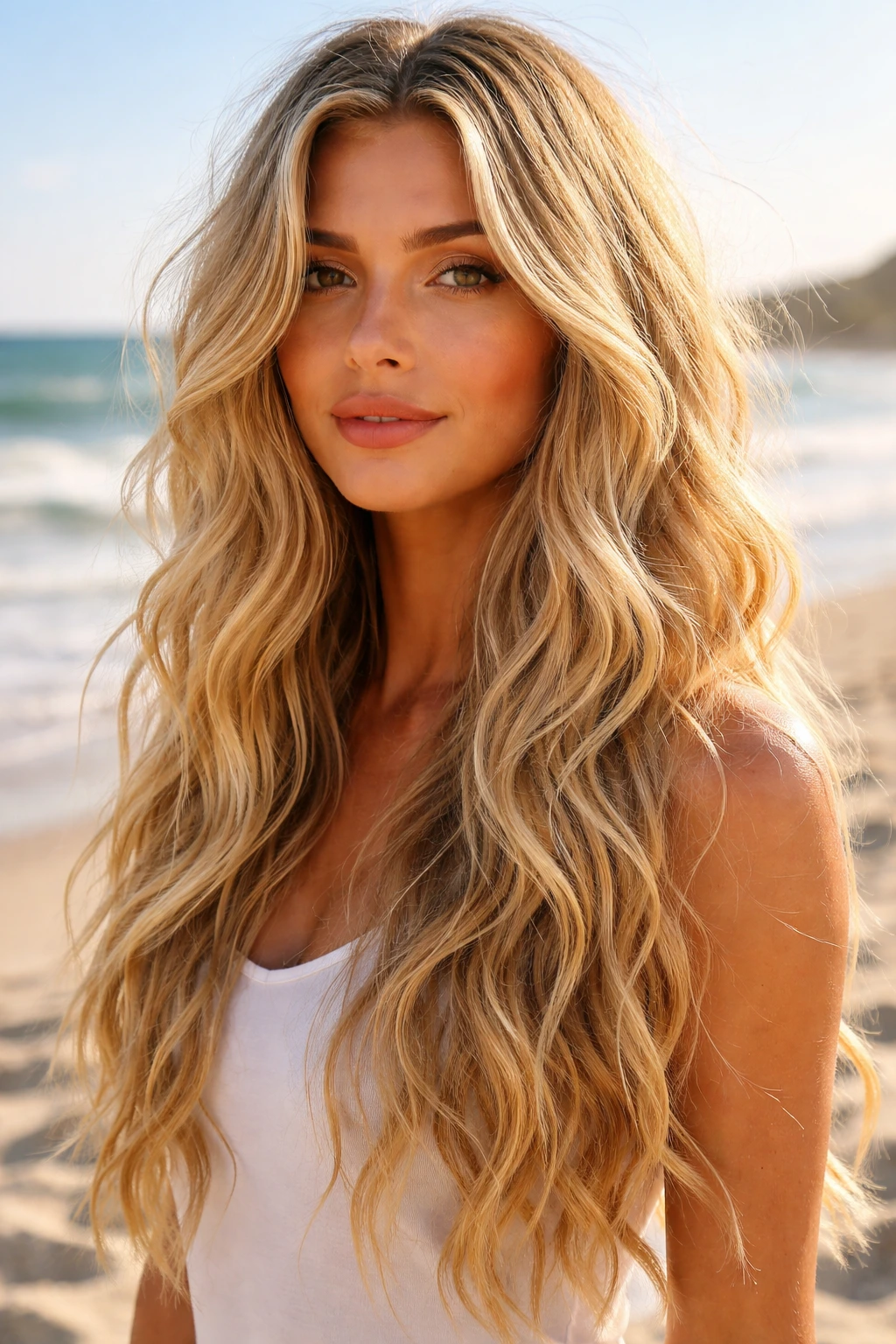 Close-up of a real woman with Beachy Blonde Waves hairstyle on a sunny beach