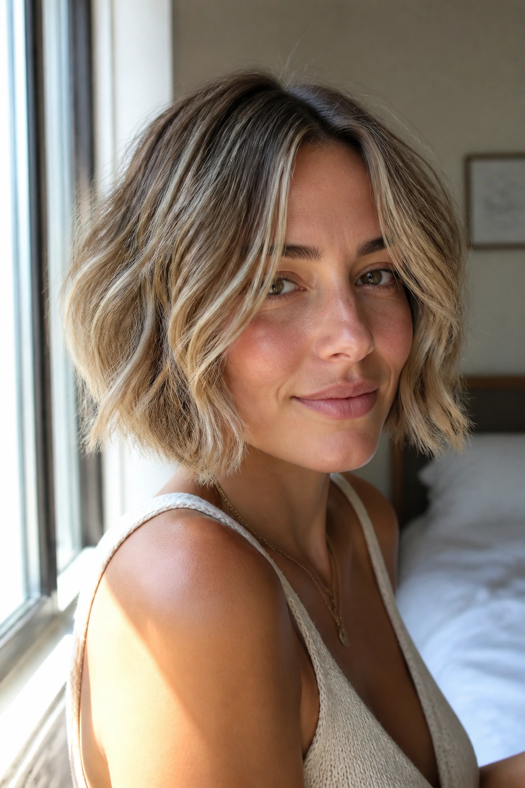 Close-up portrait of a real woman with a beachy bob and mid-length layers by a sunlit window