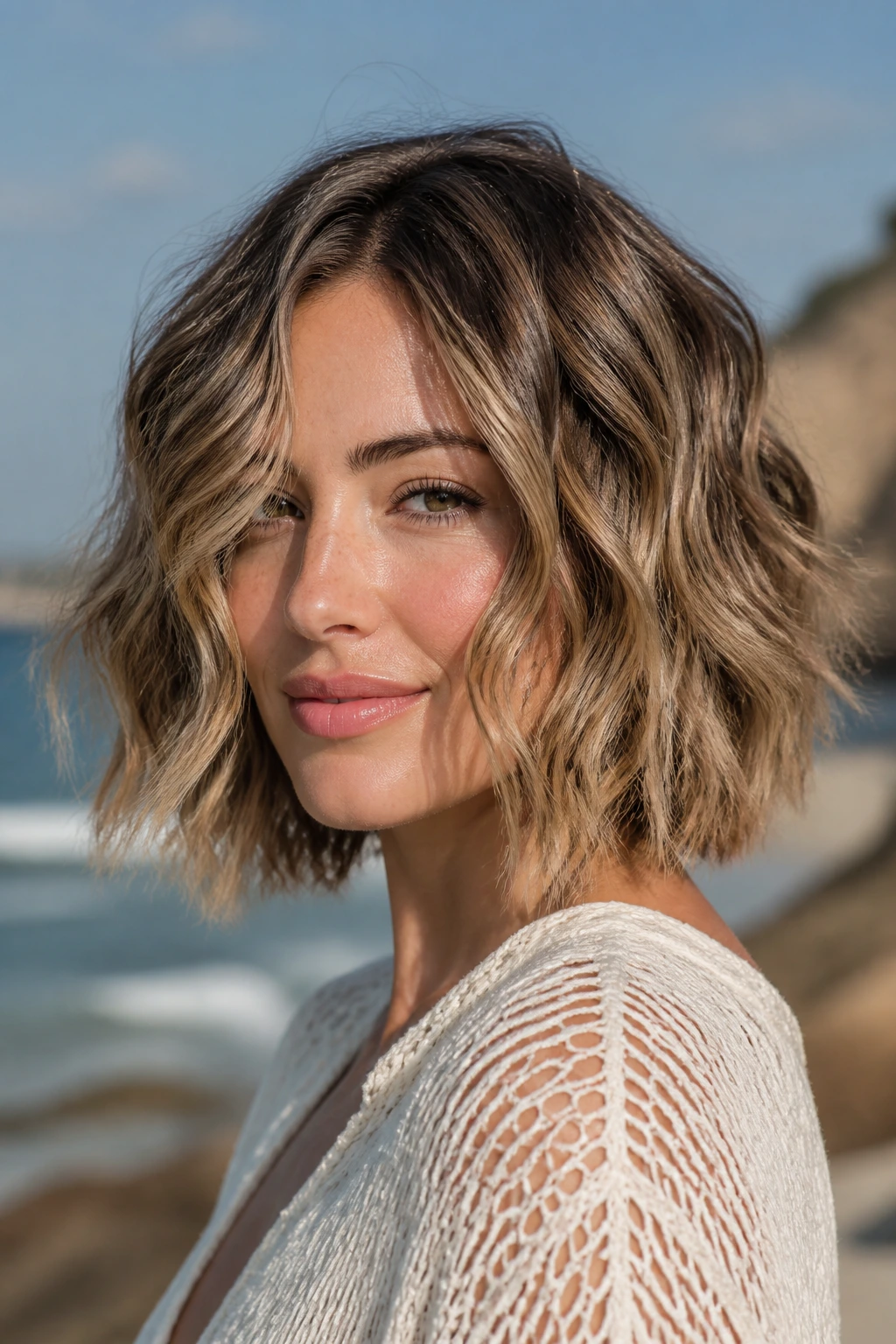 Portrait of woman with beachy bob and wand waves near a sunlit boardwalk.