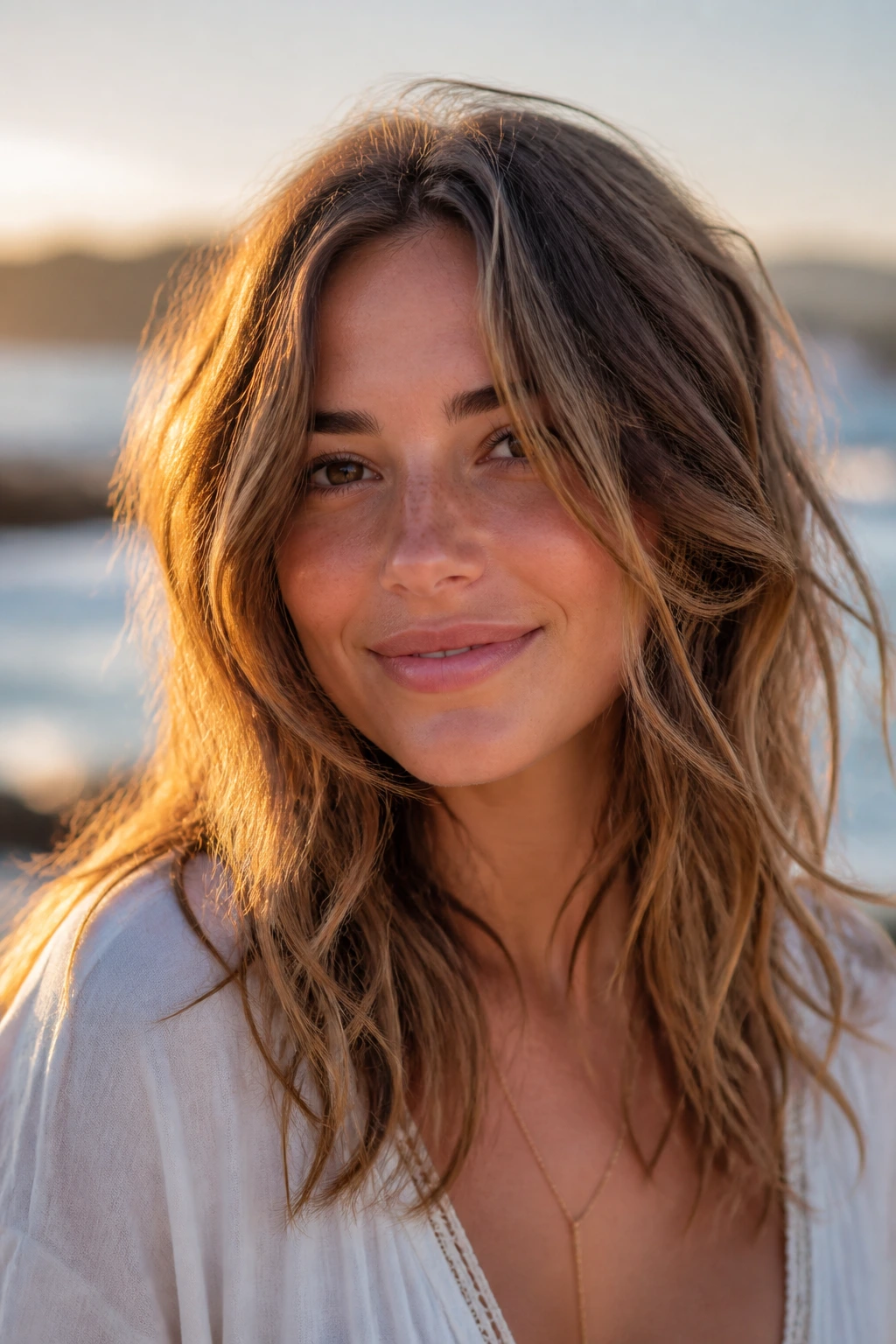 Close-up of a woman with air-dried beachy layers in natural sunlight.