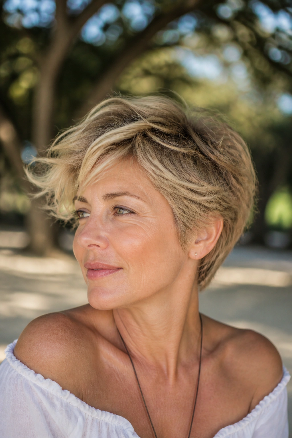 Close-up of a real woman with tousled beachy pixie and hidden layers