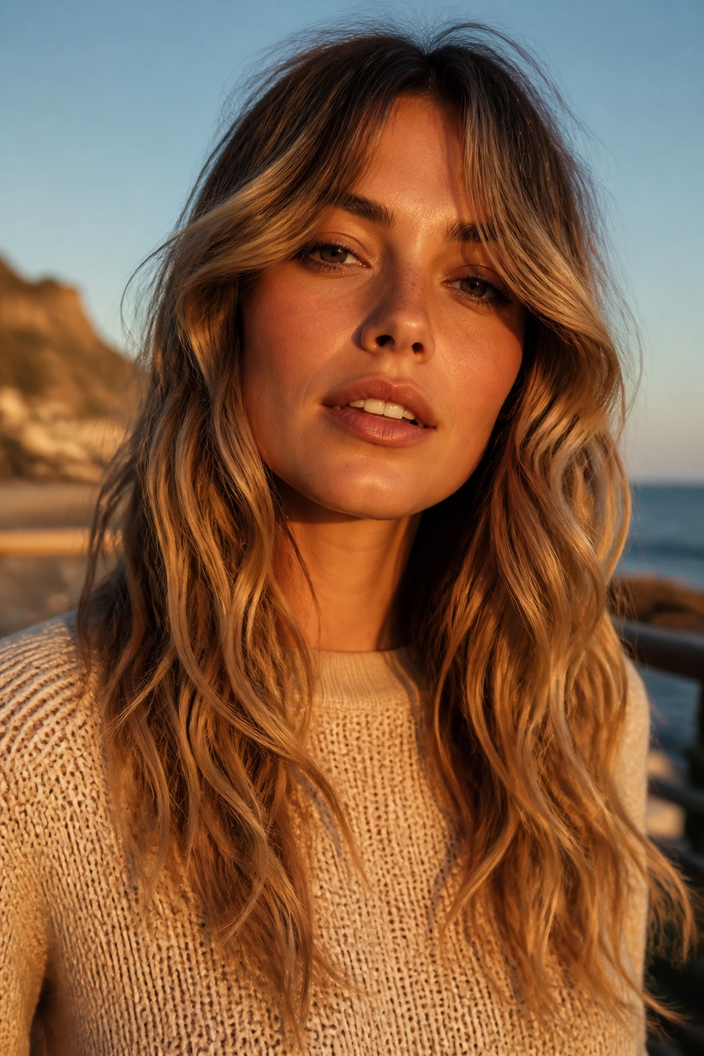 Close-up portrait of a real woman with beachy shag and S-curve waves in golden hour light