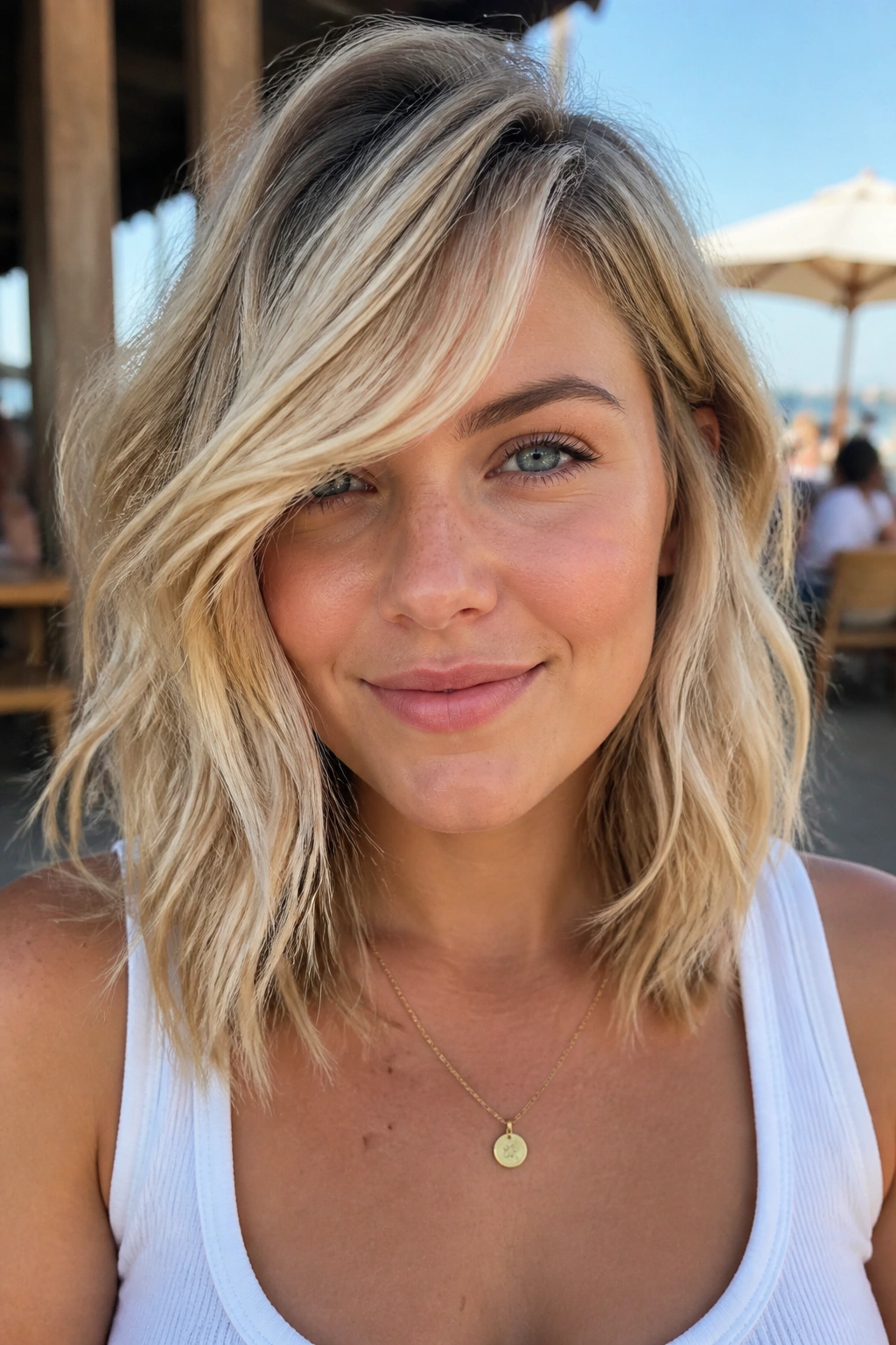 Close-up of a real woman with beachy shoulder-length cut and side fringe in sandy blonde.