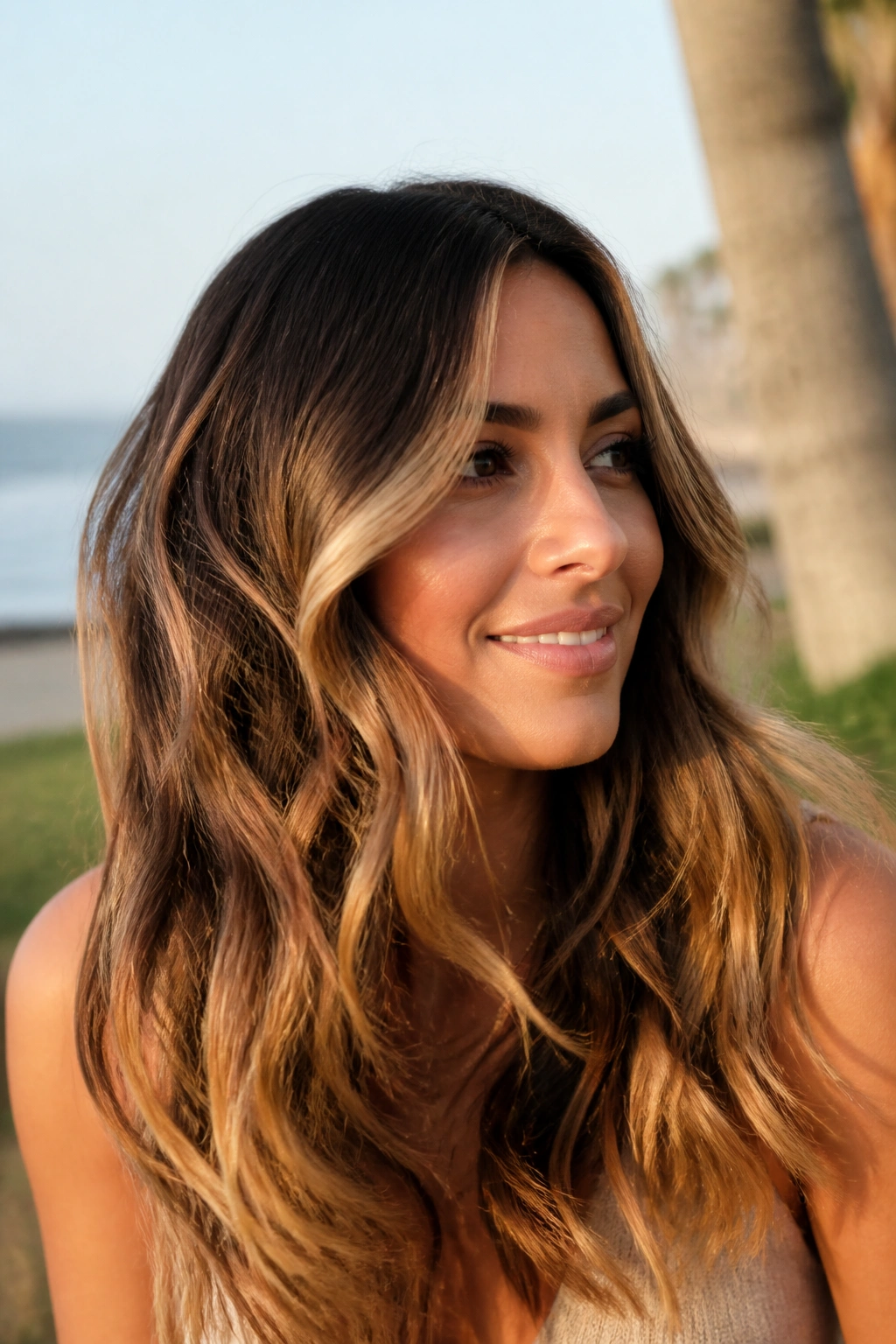 Medium close-up of real person with beachy wave balayage on brown hair in sunlight