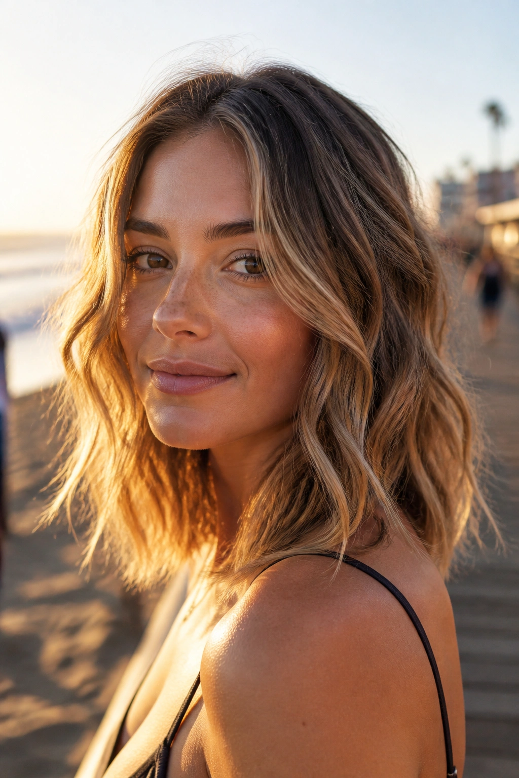 Close-up of a real woman with windswept beachy waves