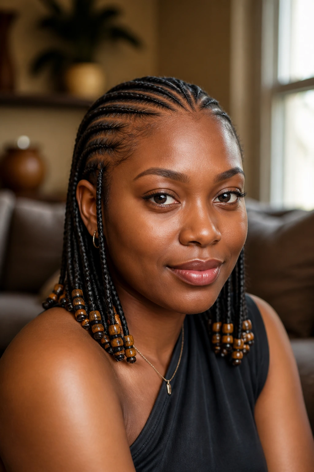 Close-up portrait of a real woman with beaded cornrows and beads at the ends in a softly lit indoor room.