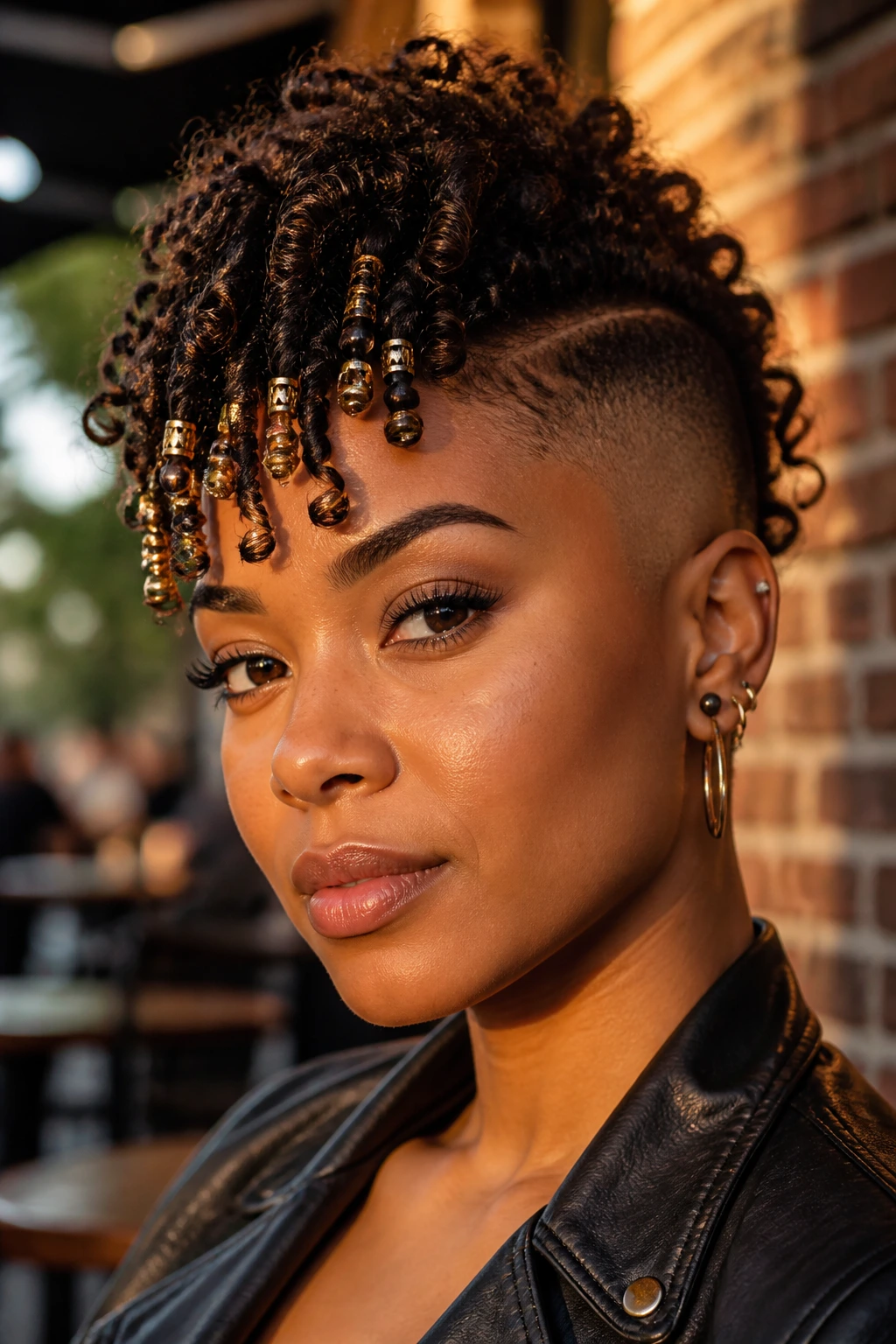 Close-up of a real person with curly mohawk and beaded accents