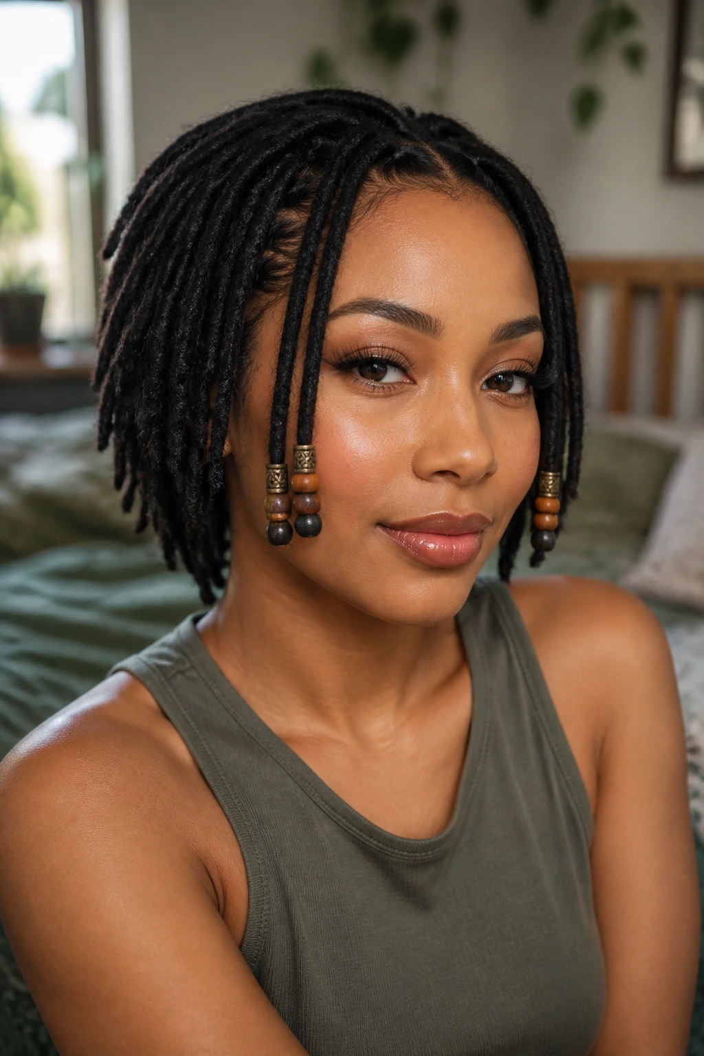 Close-up of a real person with beaded face-framing short locs and low-front beads.