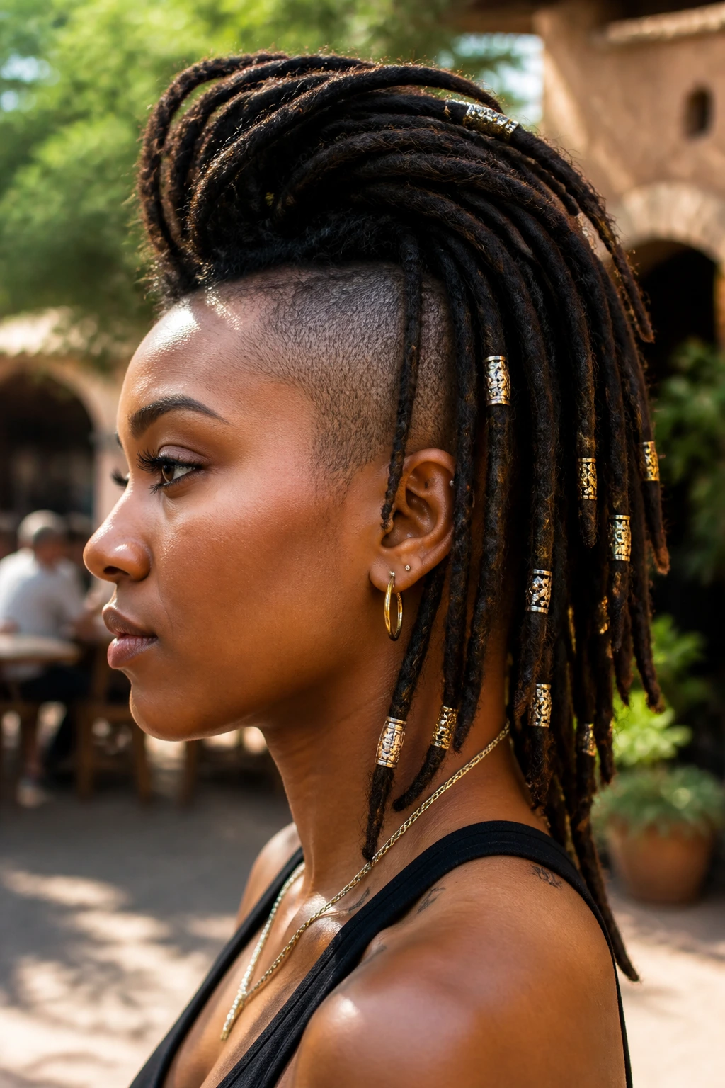 Close-up portrait with half-shaved mohawk and beaded accents on locs