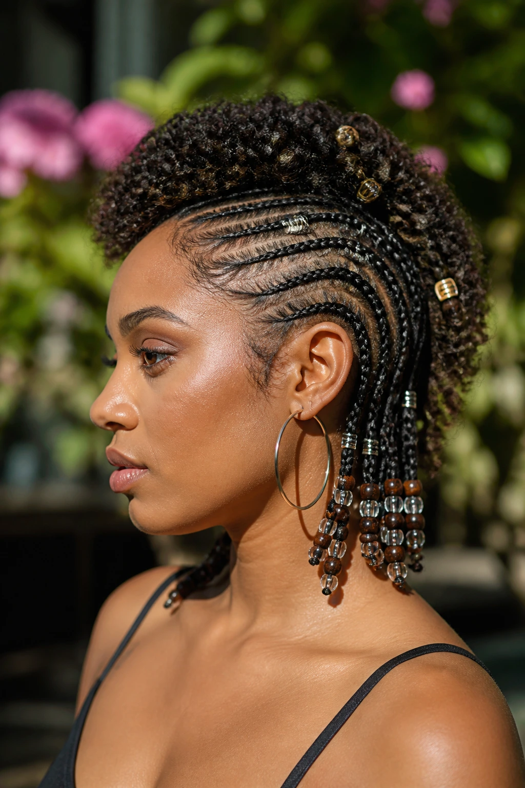 Close-up of a real person with a beaded mohawk in an outdoor setting