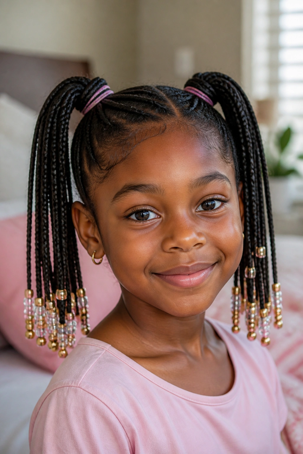 Close-up of a real girl with beaded high pigtails in warm bedroom light