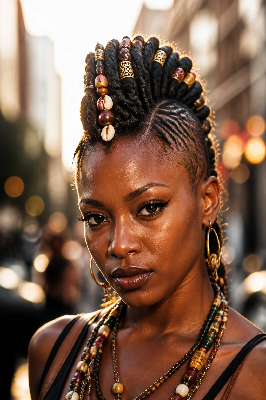 Close-up of a Black woman with a beaded mohawk and shells in outdoor light