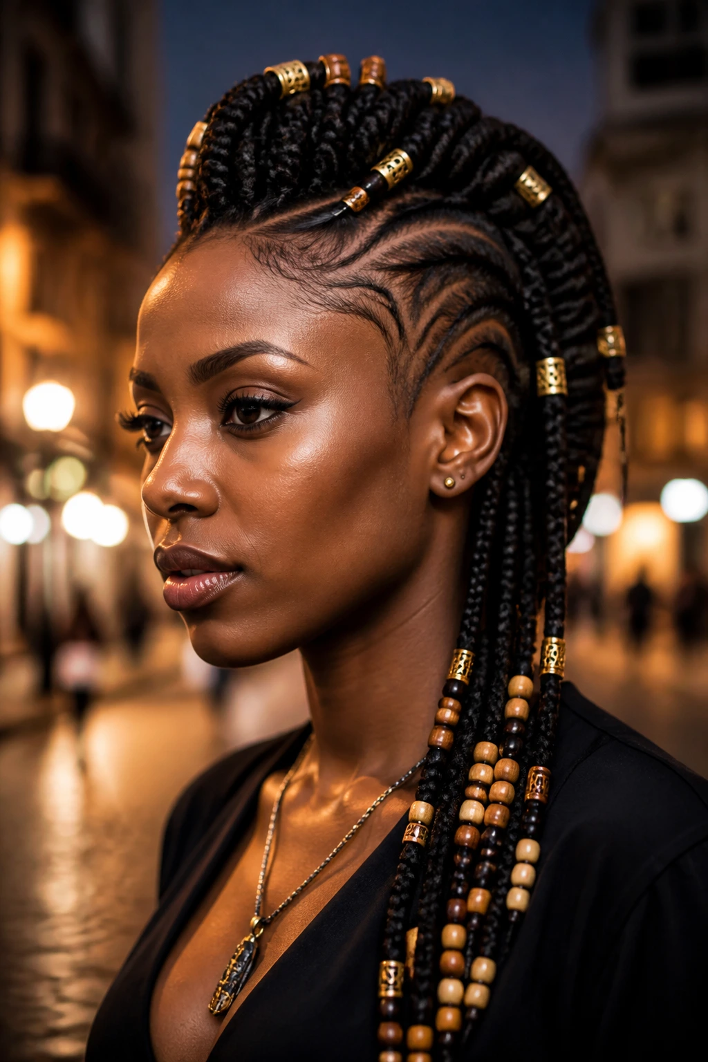 Real person with Mohawk adorned with beads and cuffs along the ridge