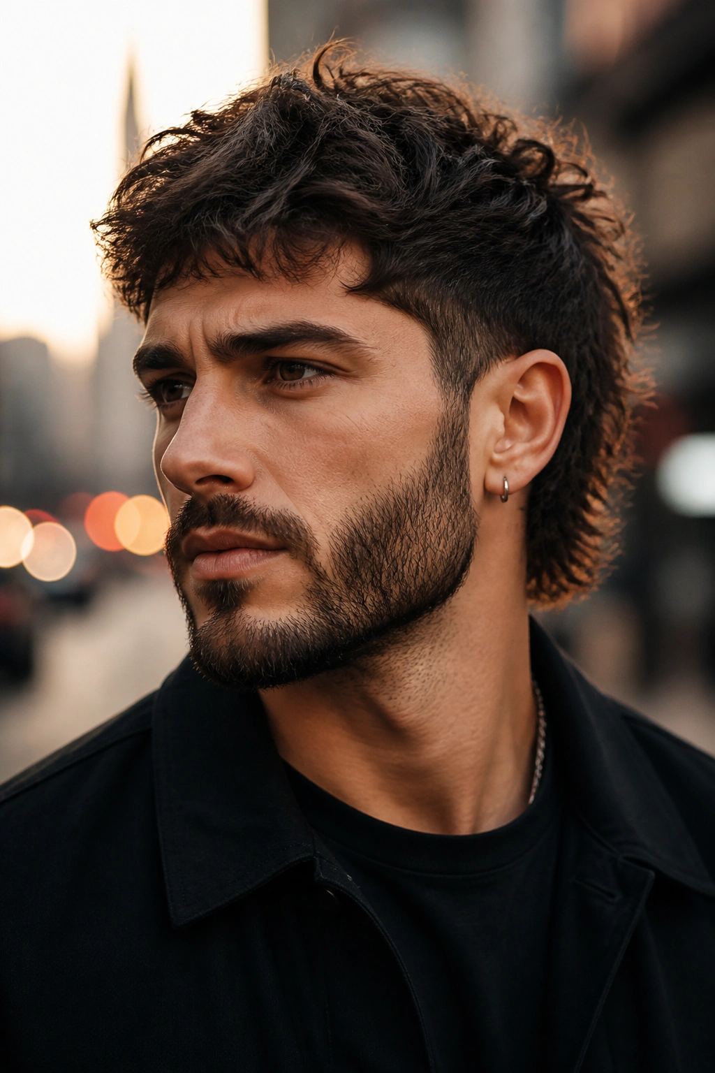 Close-up of a man with beard-balanced wolf cut and neatly trimmed beard on an urban street.